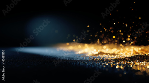 Abstract shimmering waves of gold sand glitter on a black dark background. Sparkling gold depth light bokeh background