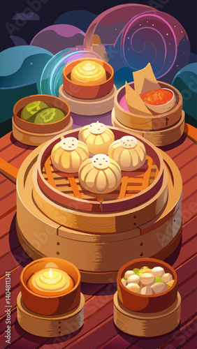 A colorful plate of food with a variety of dishes including dumplings, noodles, and other Asian cuisine