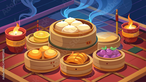 A colorful plate of food with a variety of dishes including dumplings, noodles, and other Asian cuisine