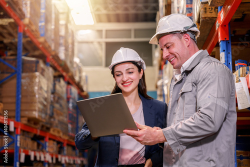 A female manager and a warehouse worker having a discussion in the storage warehouse.