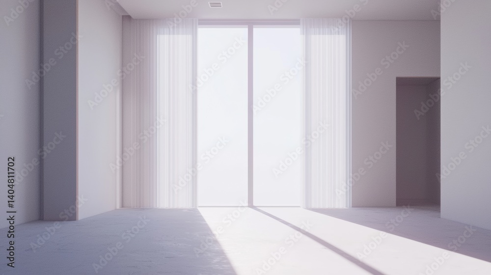 A minimalist white room with a large window and white curtains. A minimalist white room with a large window and white curtains.