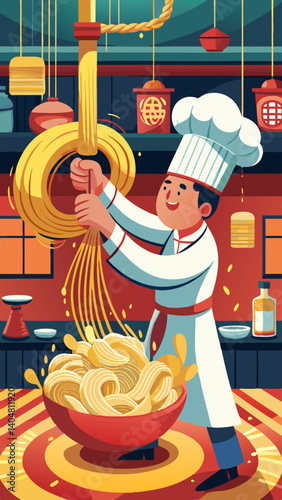 A cartoon chef is cooking noodles in a kitchen. The chef is smiling and he is enjoying his work. The kitchen is filled with various items such as bowls, spoons, and a bottle
