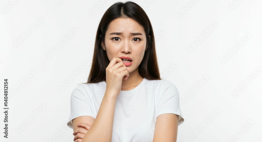 Anxious young woman bites her lip, expressing concern against clean white backdrop Anxious young woman bites her lip, expressing concern against clean white backdrop