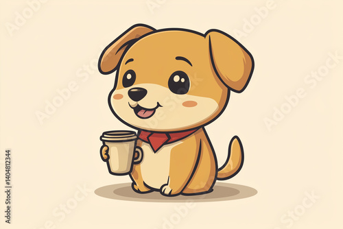 Charming Dog Mascot with Necktie, Coffee Cup, Office Icon