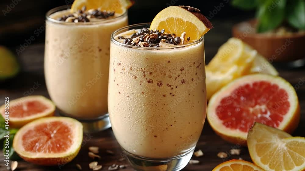 Citrus Delight: Indulge in a refreshing and visually appealing smoothie, a vibrant blend of citrus fruits garnished with zest, and cocoa nibs, capturing the essence of healthy refreshment. Citrus Delight: Indulge in a refreshing and visually appealing smoothie, a vibrant blend of citrus fruits garnished with zest, and cocoa nibs, capturing the essence of healthy refreshment.