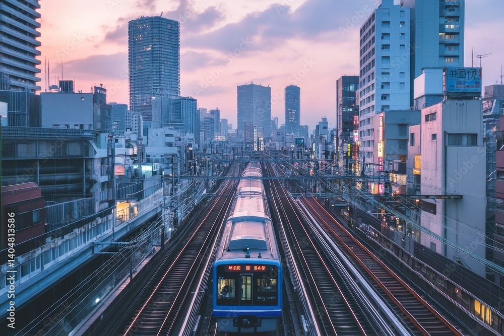 Obraz premium Urban Train System in Cityscape During Sunset with Vibrant Sky