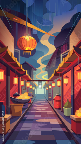 A street scene with a long walkway with many tents and lanterns. The scene is set at night and has a warm, inviting atmosphere