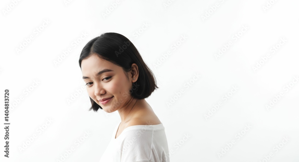 Young Indonesian woman's subtle smile portrait against a clean white backdrop Young Indonesian woman's subtle smile portrait against a clean white backdrop