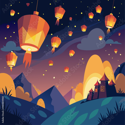A drawing of a mountain landscape with a castle in the distance. The sky is filled with lanterns, creating a warm and inviting atmosphere