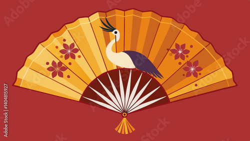 A colorful fan with a bird on it. The fan is orange, yellow, and blue. The bird is white and has a beak