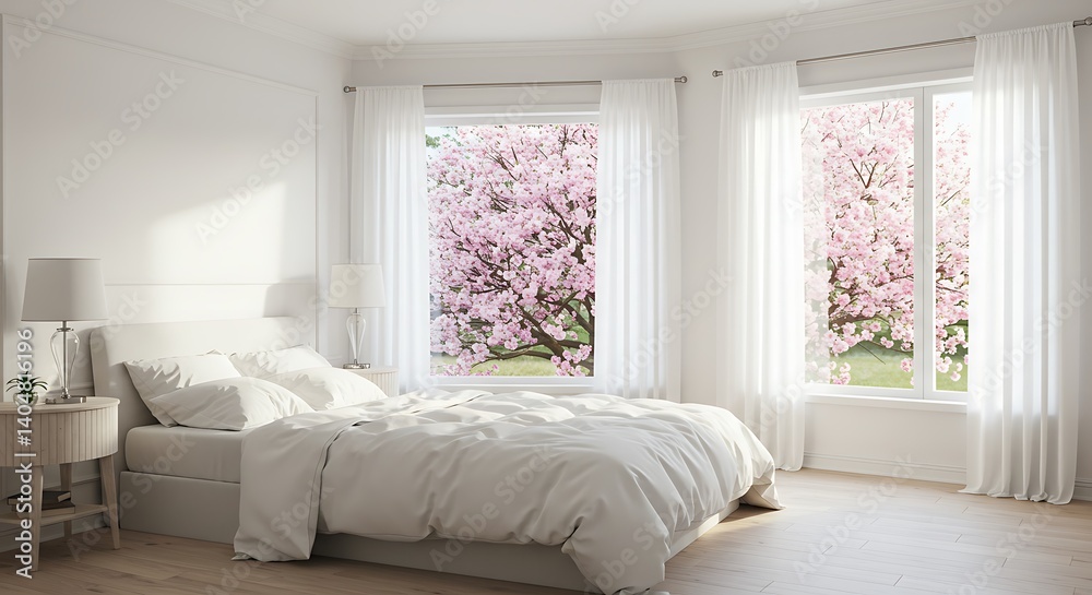 Fototapeta premium Serene Spring Bedroom: 3D Render of a sunlit room with blossoming trees AI Generated