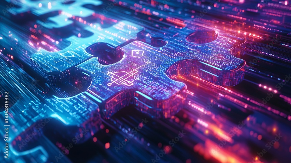 Fototapeta premium A vibrant digital puzzle piece illuminated in neon colors, symbolizing connectivity and technology in a futuristic setting.