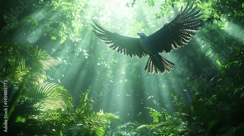 Lush green forest bird instinctively flying away dangerous object scene captured in slow motion the birds wings spread wide as it soars into the sky surrounded by sunlight filtering through the trees