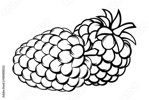 Two Ripe Raspberries With Detailed Seeds In Black And White For Coloring Books And Fruit Illustrations