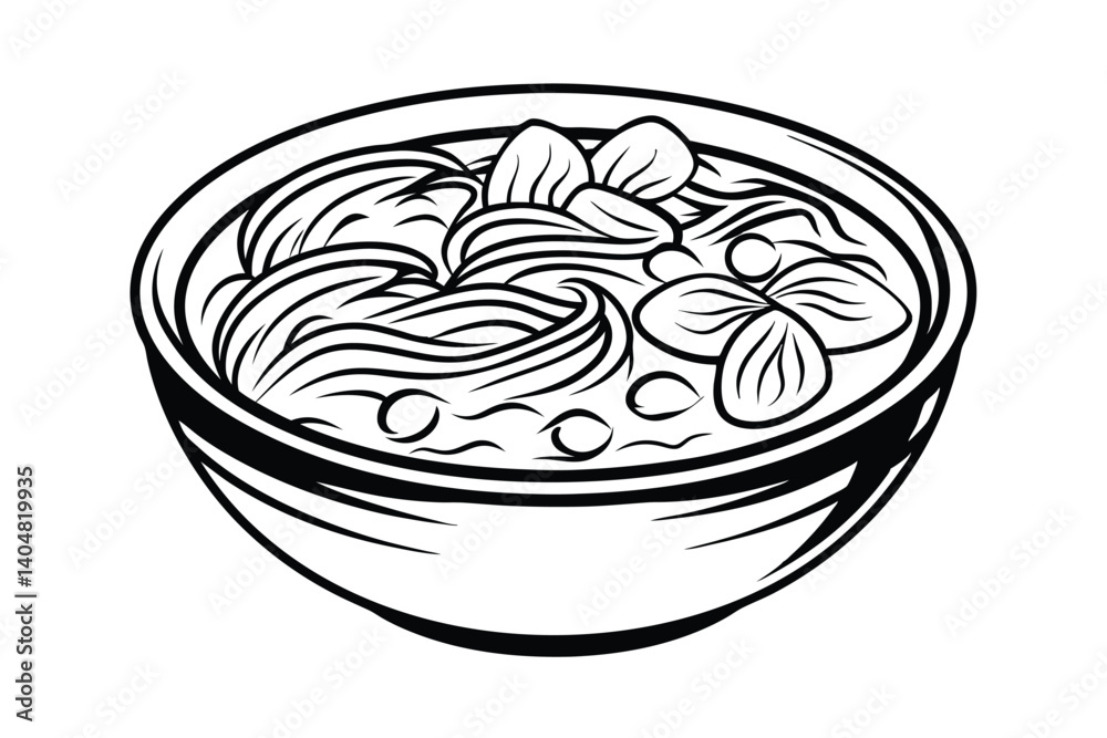 Black And White Line Art Of Noodles Soup Bowl Featuring Mushrooms And Vegetables Graphic Illustration