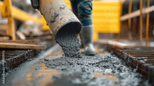 Construction worker pouring concrete. Featuring concrete pouring and foundation work