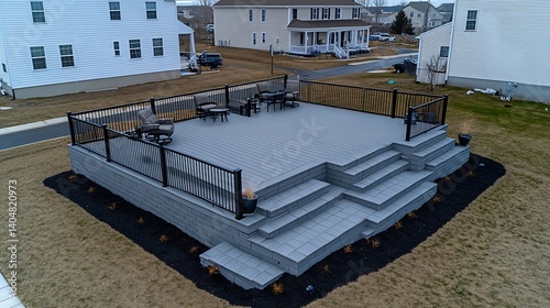 Elevated gray composite decking with tiered steps and outdoor furniture.