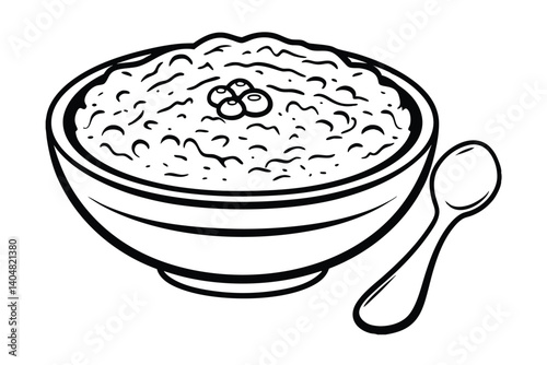 Hand Drawn Bowl Of Porridge Topped With Berries And A Spoon Minimalist Black And White Illustration