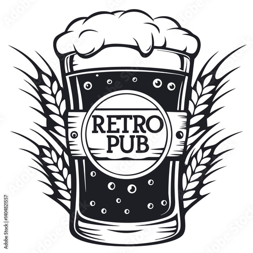 Vintage Retro Pub Glass with Beer Foam and Wheat on White Background