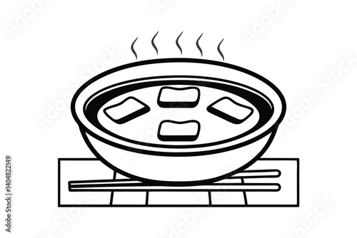 Steaming Miso Soup In Bowl With Tofu And Chopsticks Black And White Line Art Illustration Asian Cuisine Healthy Dish Culinary Design