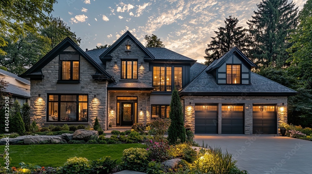 Sleek suburban home with a minimalist aesthetic featuring neutral tones, geometric design, and garden.  