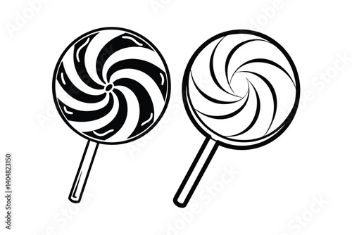 Monochrome Lollipop Illustration Featuring Swirl Design,Vector Outline Style For Sweets And Candy Confectionery,Perfect For Dessert Themed Graphics