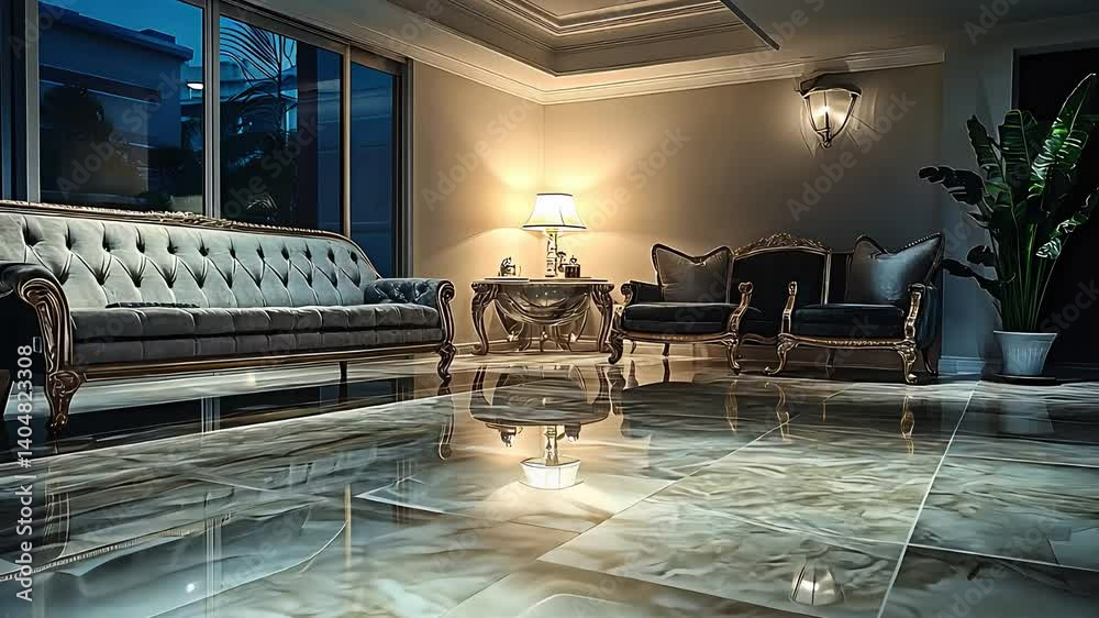 Elegant Living Room with Luxurious Furniture, Marble Floor, and Warm Lighting

