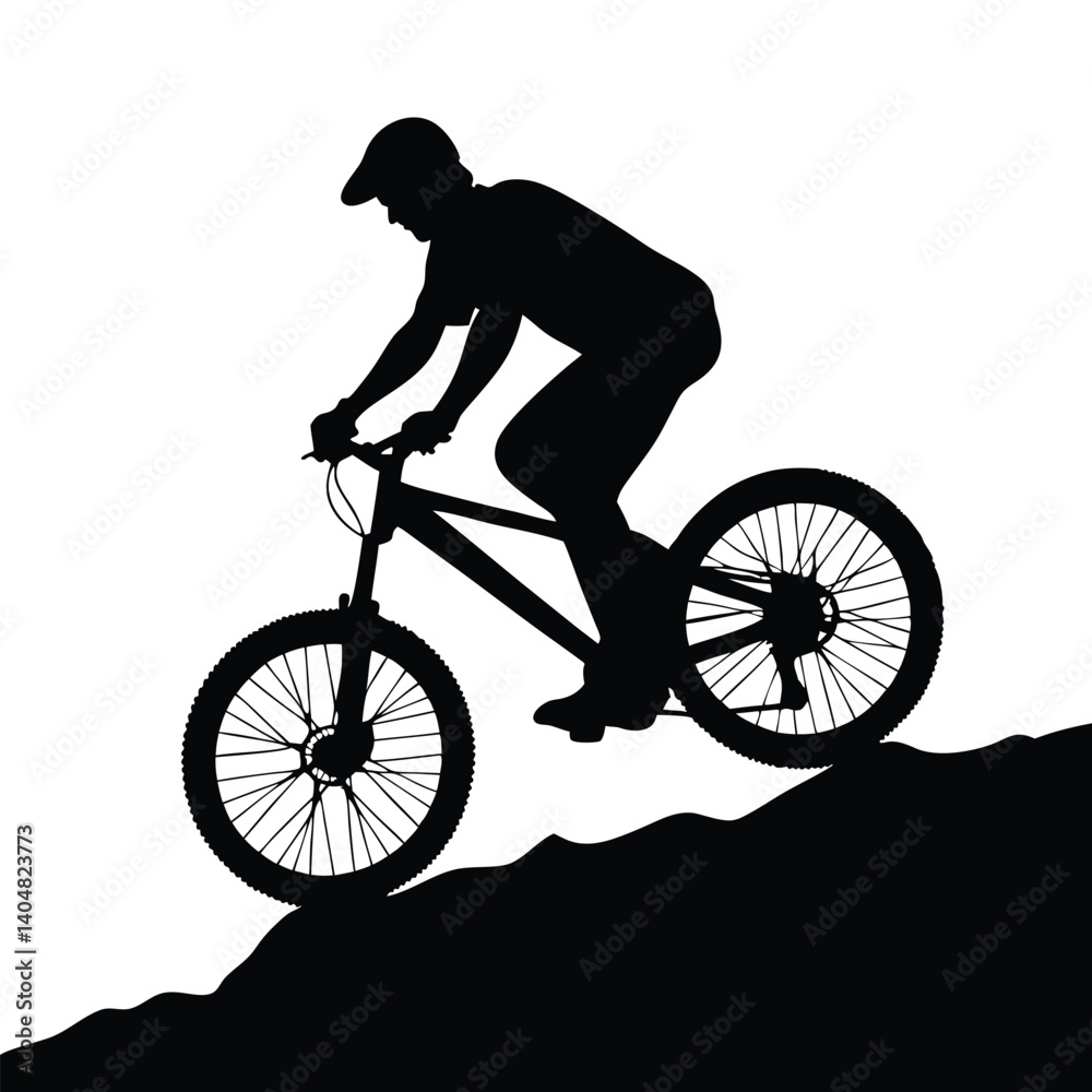 Fototapeta premium Silhouette of Man Cycling Downhill with Cap on Mountain, Transparent Background