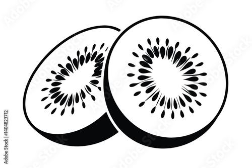 Black And White Vector Illustration Of Two Sliced Kiwi Fruits Graphic Design For Food And Healthy Lifestyle Projects