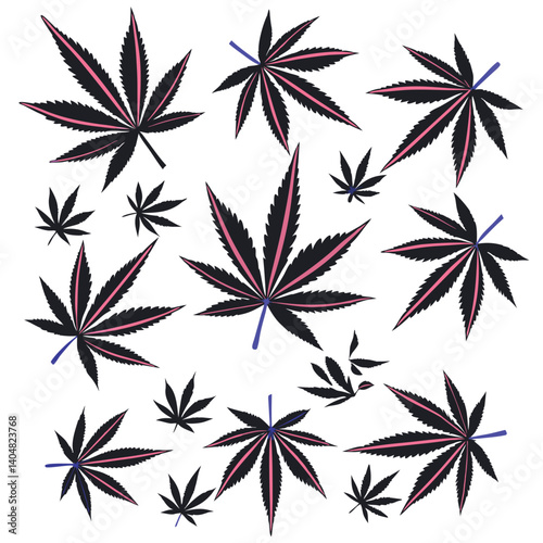 Cannabis Leaves Pattern Dark Gray and Pink Veins, Isolated on White Background