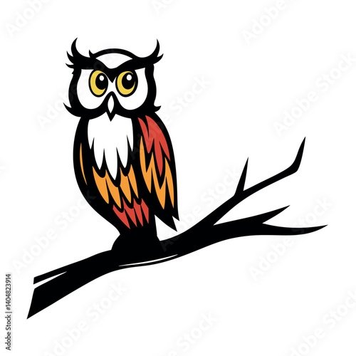 Cartoon Owl With Yellow Eyes Perched On Branch On White Background