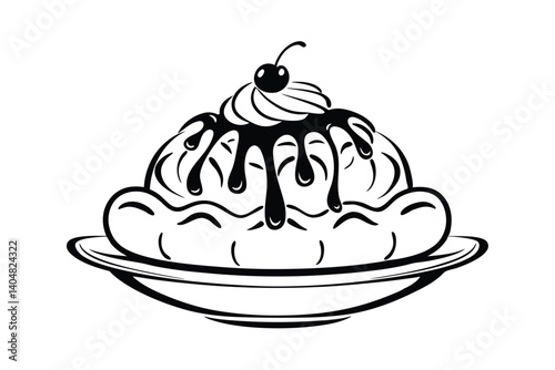 Black And White Banana Split Dessert With Chocolate Syrup And Cherry Topping Line Art