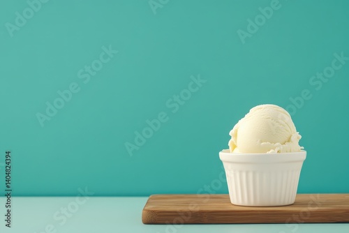 A single scoop of vanilla ice cream in a small white bowl. photo