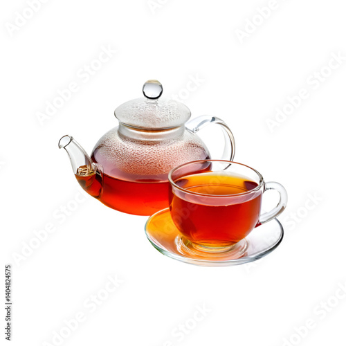 Glass teapot with tea cup on transparent background