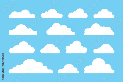 White isolated different clouds on a blue background, set. Graphic simple vector illustration, flat design. Airy heavenly empty element for decoration, message, design, label with a place for text