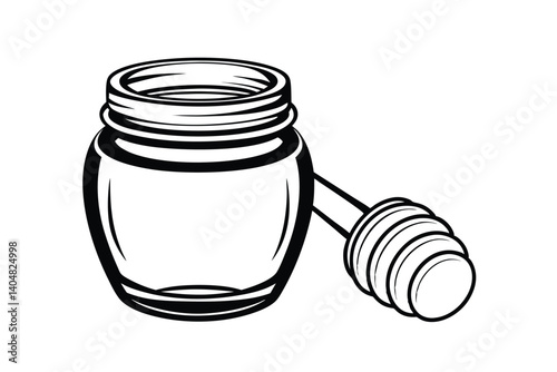 Vector Graphic Illustration Of Honey Jar And Dipper In Black And White Style For Design Projects