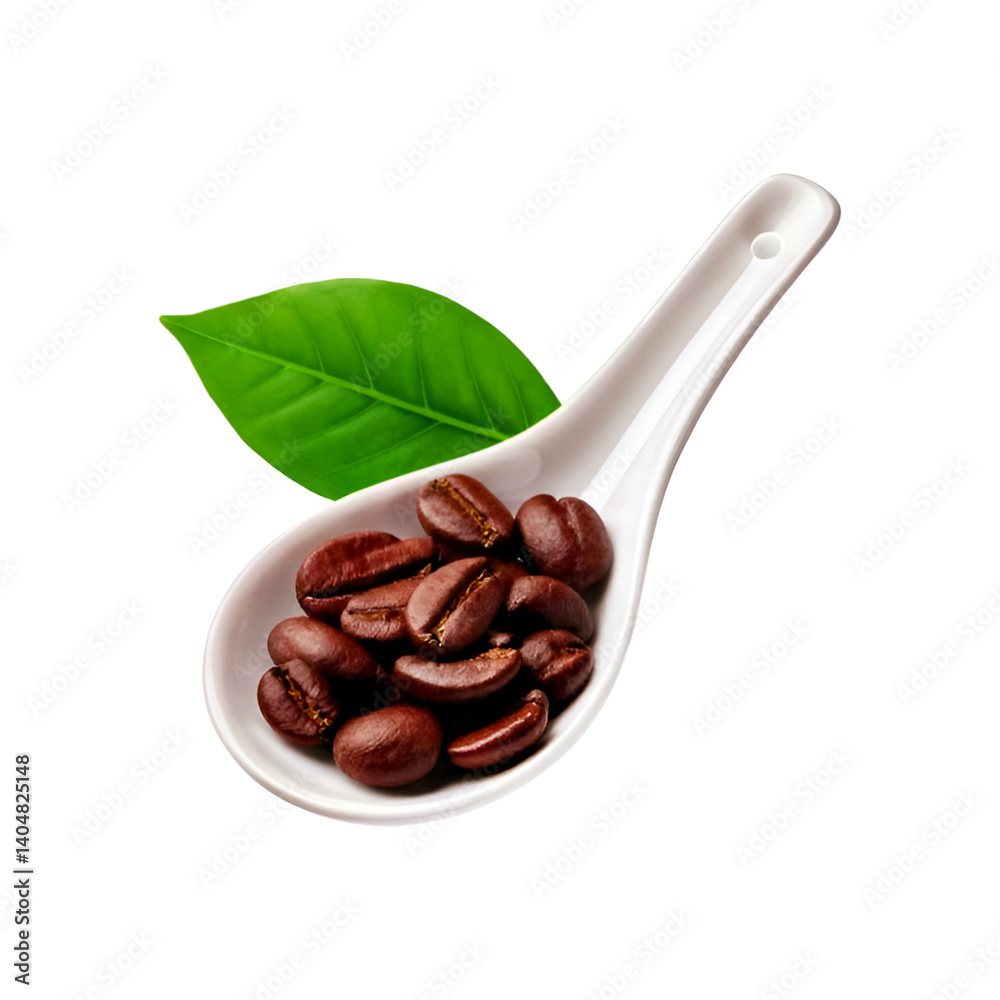 Fototapeta premium White spoon of coffee seed with leaf on transparent background