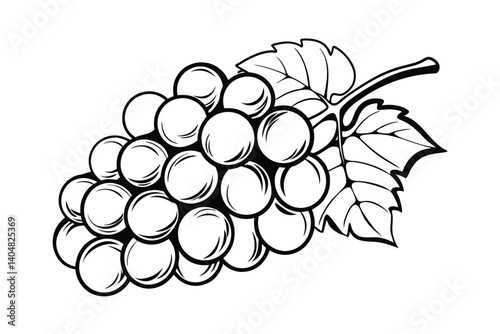 Stylized Grapes Illustration Featuring A Cluster Of Round Fruit And Detailed Leaf Depiction On White Background