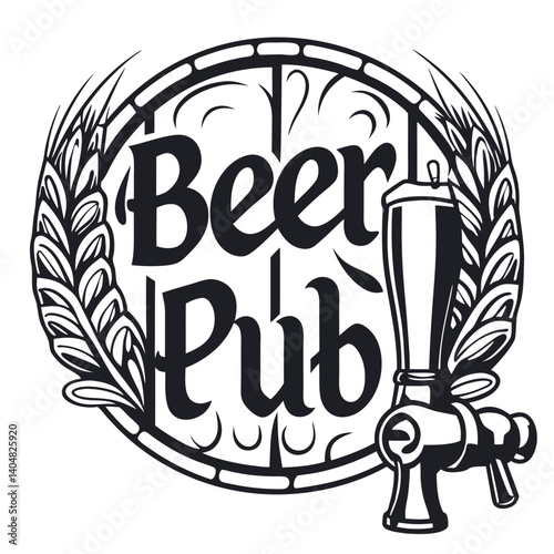 Isolated Beer Pub with Spigot and Wheat on Transparent Background
