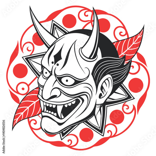 Japanese Oni Mask with Horns, Star and Red Floral Elements on Transparent Background