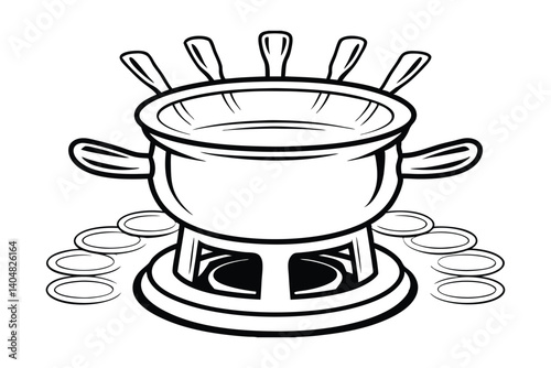 Black And White Illustration Of A Fondue Set With Forks And Plates Ready For A Delicious Meal
