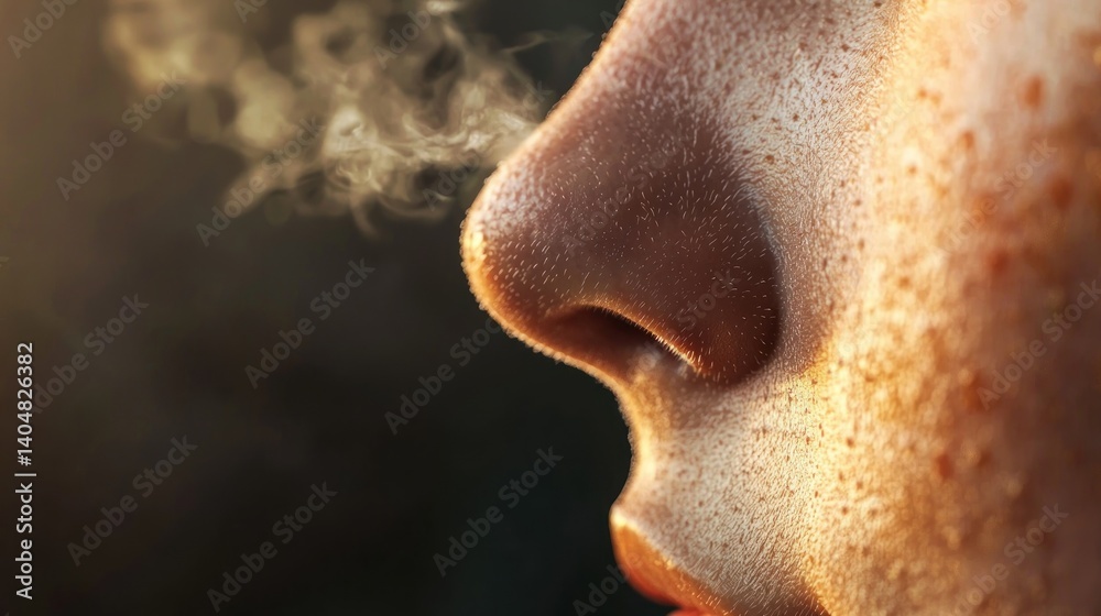 Close-up of a Person's Nose Exhaling Warm Breath in Cold Weather, Detailed Texture and Warm Lighting Close-up of a Person's Nose Exhaling Warm Breath in Cold Weather, Detailed Texture and Warm Lighting