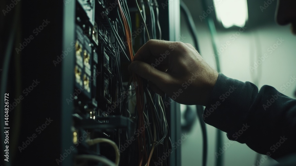 Obraz premium Electrician connecting electrical panel. Featuring electrical connections and panel setup