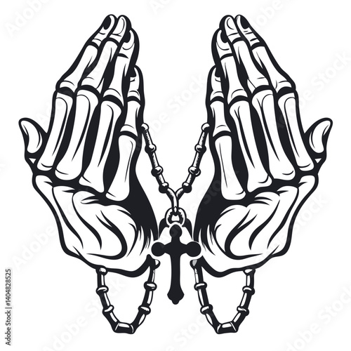 Skeleton Hands with Rosary Beads in Vintage Style over Transparent Background