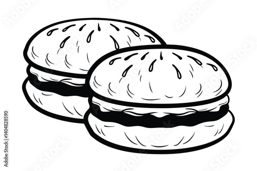 Two Delicious Burgers Black And White Outline Illustration For Menu Designs And Food Art Projects In Stock Images