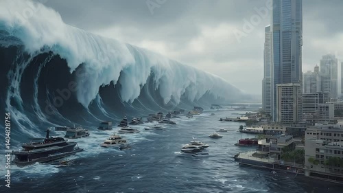 A massive tsunami approaches a coastal city, threatening boats and skyscrapers.