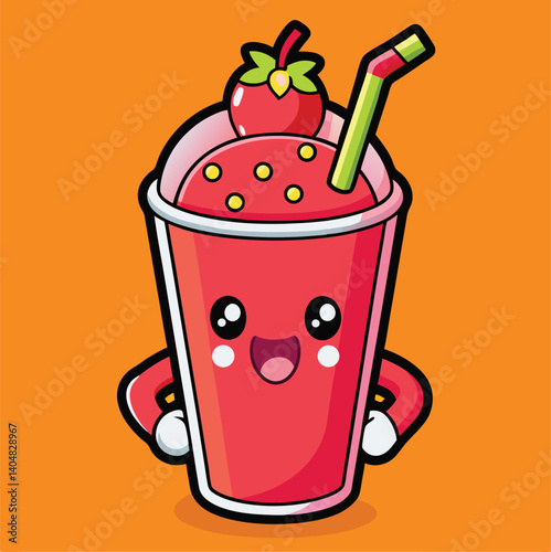 Cute Strawberry Smoothie Cartoon Character With Cheerful Smile And Bright Orange Background