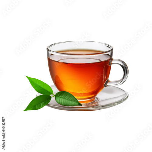 Glass cup of tea with tea leaf on transparent background