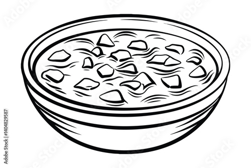 Hearty Vegetable Soup Bowl Rustic, Black and White Illustration