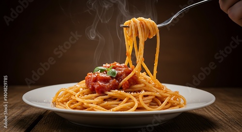 Italian cuisine with steaming fork twirling pasta and rustic wooden background